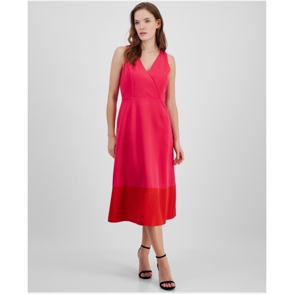 Anne Klein Womens Colorblock Midi Dress Pink Red V-Neck Sleeveless Size 2 NEW